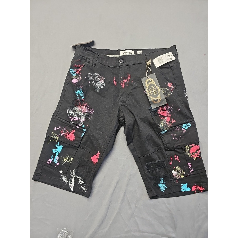 FWRD DENIM Shorts "Mens Size 32" Stretch Black Paint Splatter NWT